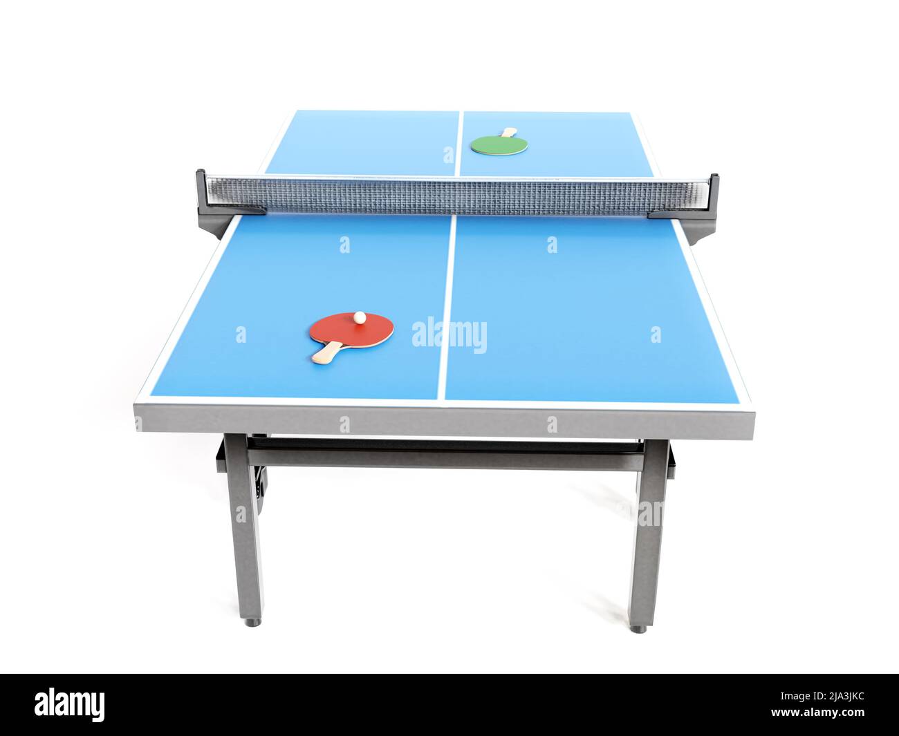 3D Representación de mesa de ping-pong azul con paletas rojas y verdes y bola Foto de stock