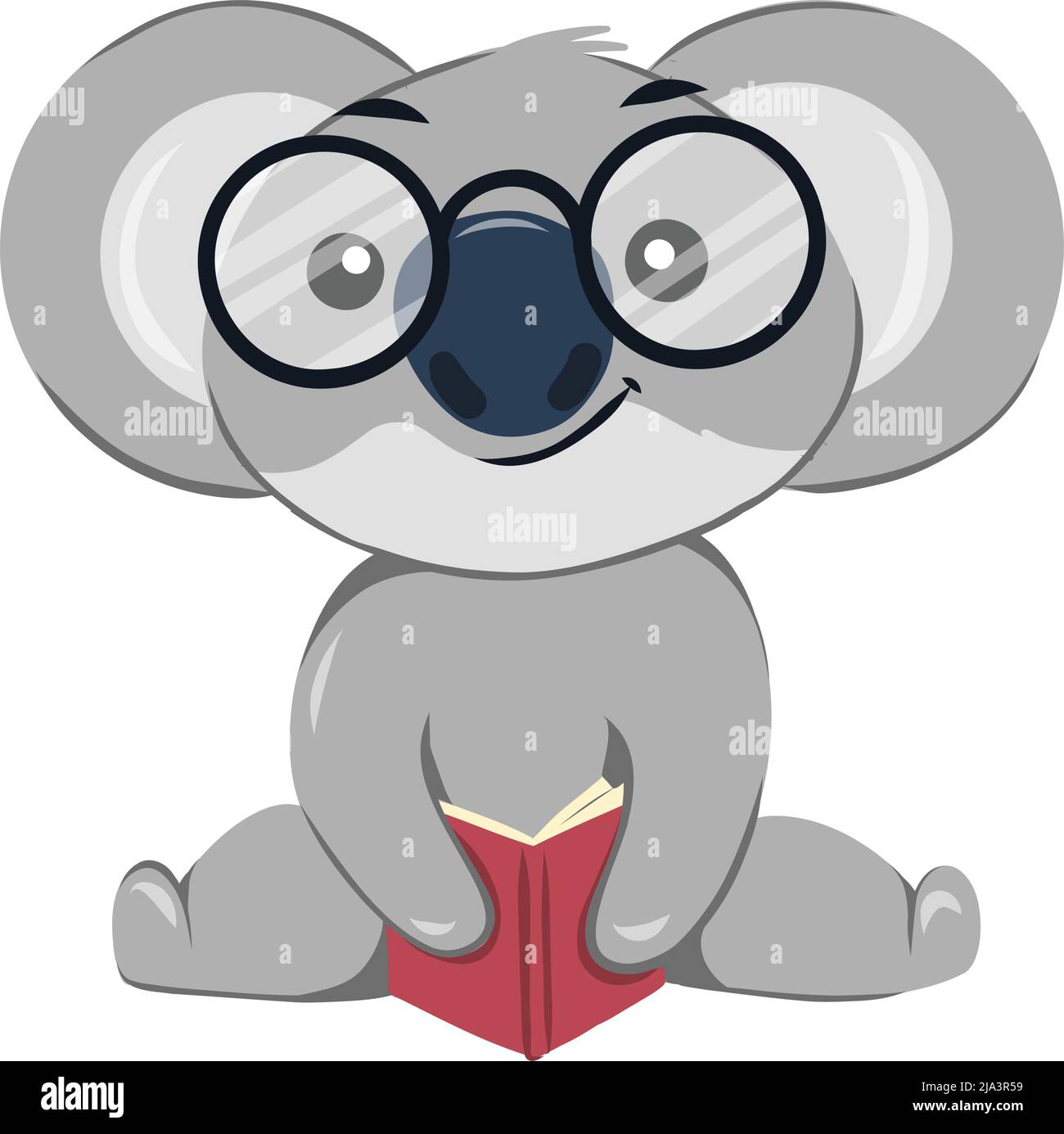 Koala llevar gafas y leer un libro. Koala antropomorfizado sentado y sonriendo. Ilustración del Vector