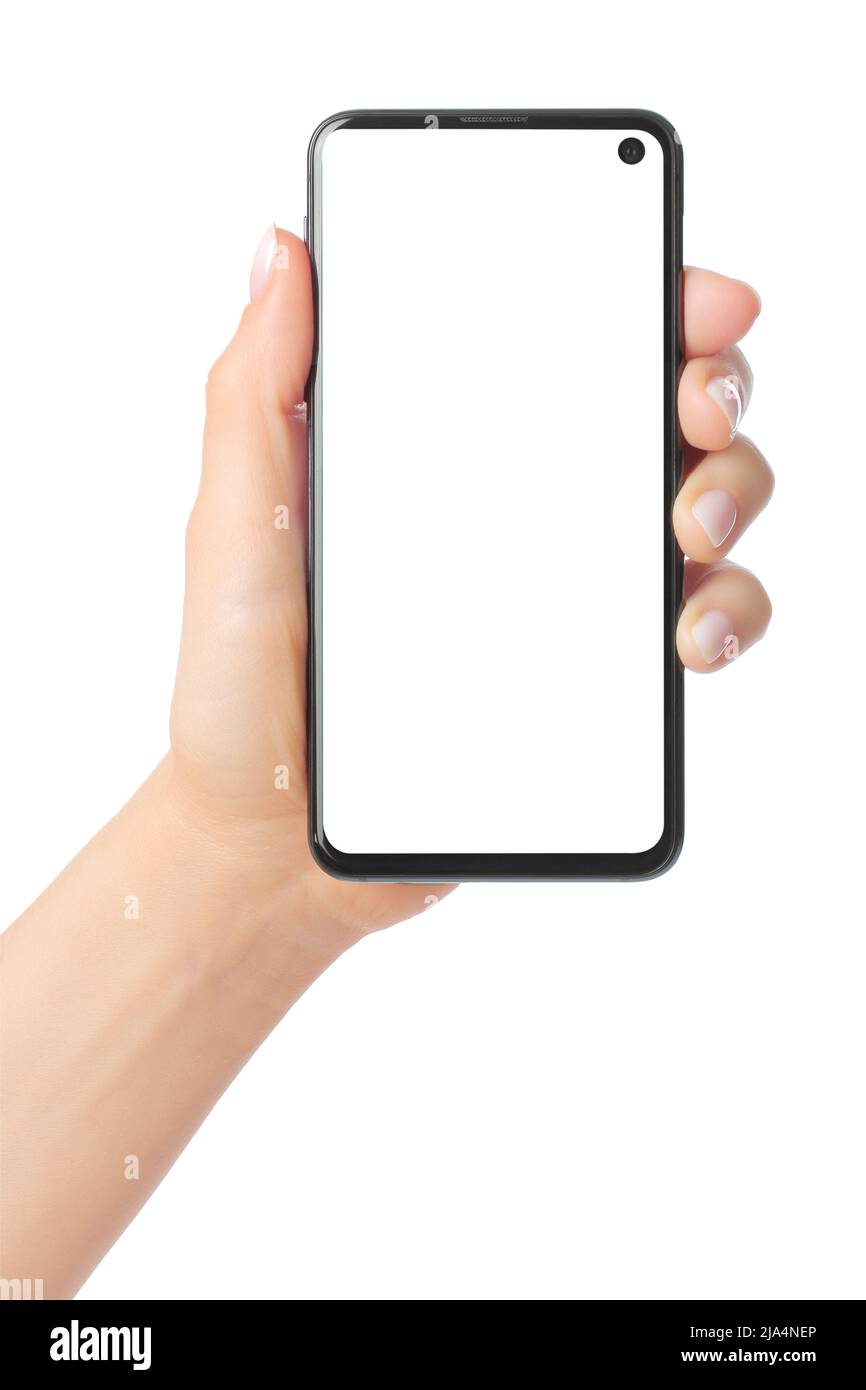 Teléfono inteligente moderno con sujeción a mano, aislado sobre primer plano de fondo blanco Foto de stock
