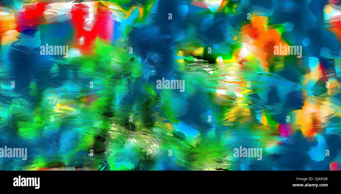 Fondo abstracto y colorido sin costuras con manchas exóticas borrosas. Textura moteada artística. Colores tropicales cálidos en una superficie verde azul ondulado. Mar, vidrio. Foto de stock