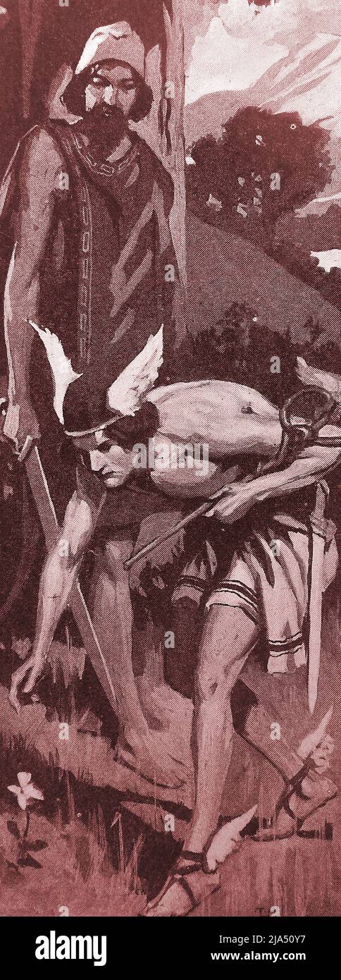 MITOLOGÍA - Una vieja ilustración de HERMES, mensajero de los dioses, parando para recoger una flor. el dios olímpico en la religión y la mitología griegas antiguas es considerado el heraldo de los dioses y protector de heraldos, viajeros, comerciantes, ladrones, y oradores. Él tiene la capacidad de moverse rápida y fácilmente entre los mundos de lo mortal y lo divino, usando sus sandalias aladas y diadema. Hermes también es considerado el psicopomp o conductor de almas en la vida posterior. - ΜΥΘΟΛΟΓΙΑ - Μια παλιά απεικόνιση του ΕΡΜΗΣ, αγγελιοφόρου των θεών, που σκύβει για να διαλέξει ένα λουλούδι. Foto de stock