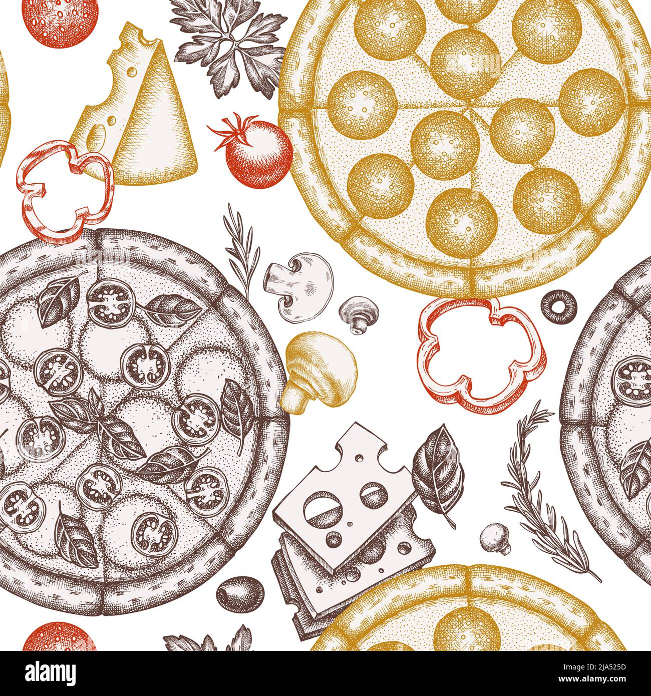Diseño de fondo con patrón de pizza sin costuras. Estilo grabado