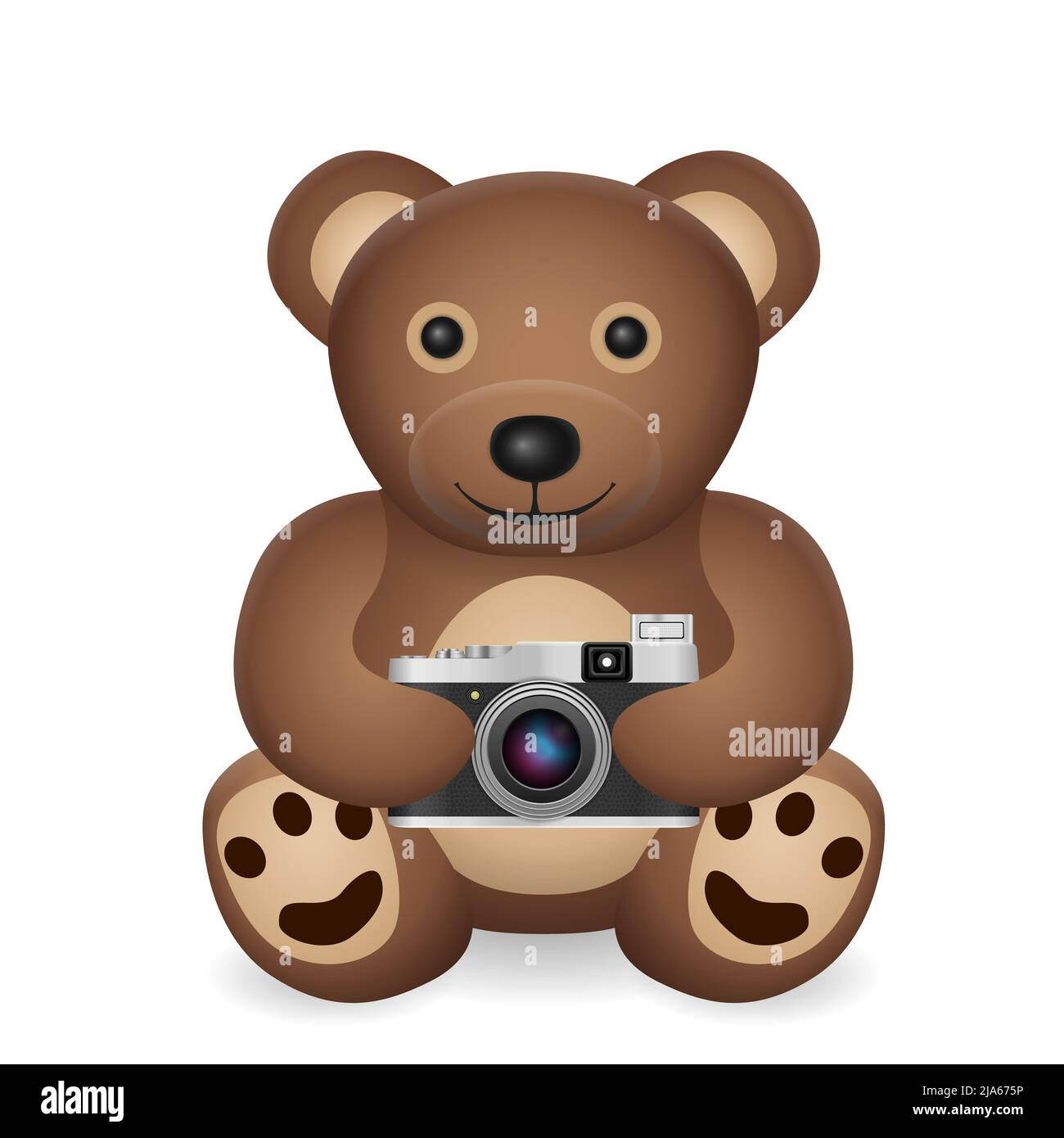 Oso de peluche con cámara fotográfica sobre fondo blanco. Ilustración  vectorial Fotografía de stock - Alamy