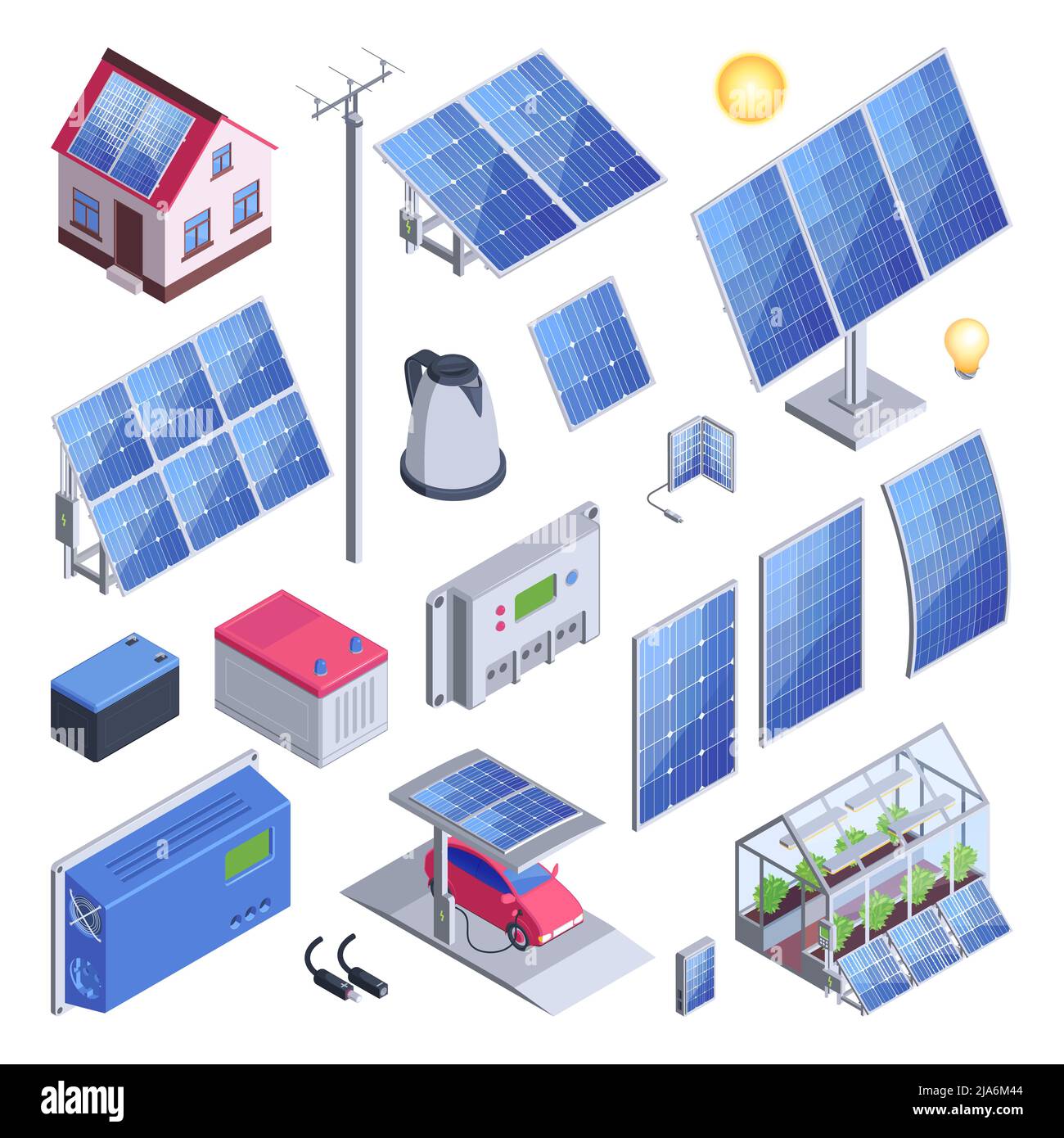 Energía solar color conjunto de eco hogar e invernadero con paneles solares  contador controlador coche eléctrico iconos aislados ilustración vectorial  Imagen Vector de stock - Alamy