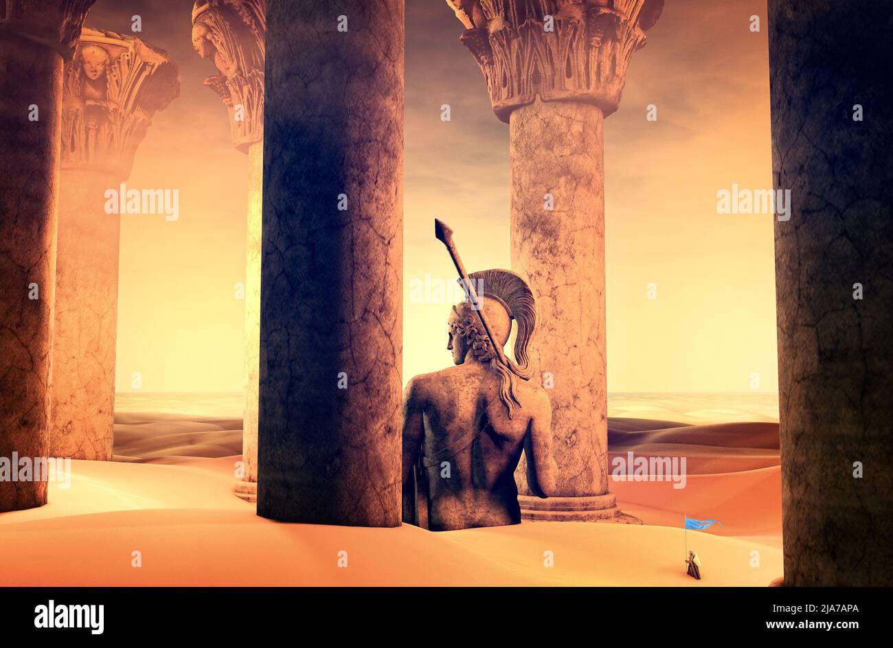 Paisaje de fantasía, guerrero medieval rodeado de ruinas de otros tiempos, mundos perdidos, estatua de un guerrero con lanza y columnas. Desierto y dunas de arena Foto de stock
