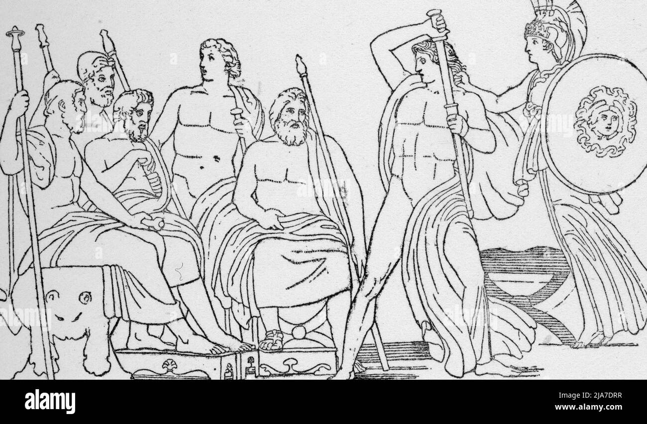 Atenea que oprime la furia de Aquiles, c1792. Por John Flaxman (1755-1826). Una ilustración de la Ilíada. La Ilíada es un poema épico griego antiguo en hexameter dactílico, tradicionalmente atribuido a Homer. Foto de stock