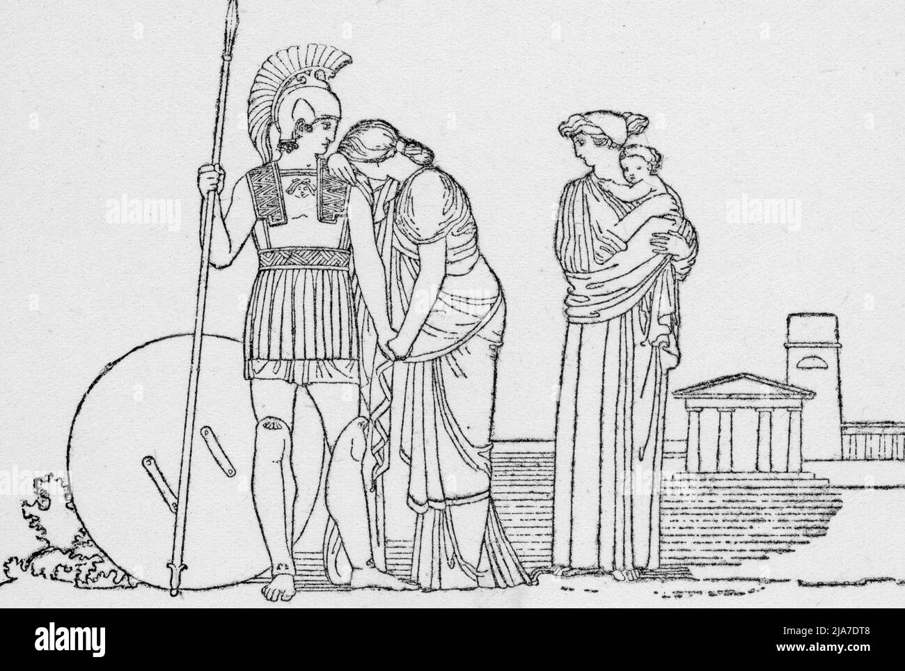 El Encuentro de Héctor y Andromache, c1792. Por John Flaxman (1755-1826). En la mitología griega, Andromache era la esposa de Héctor, hija de Eetion, y hermana de Podes. Una ilustración de la Ilíada. La Ilíada es un poema épico griego antiguo en hexameter dactílico, tradicionalmente atribuido a Homer. Foto de stock