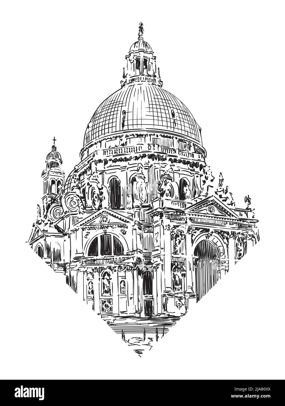 La cúpula de la catedral en el estilo clásico con arcos, estatuas y relojes. Croquis sobre un fondo beige. Ilustración del Vector