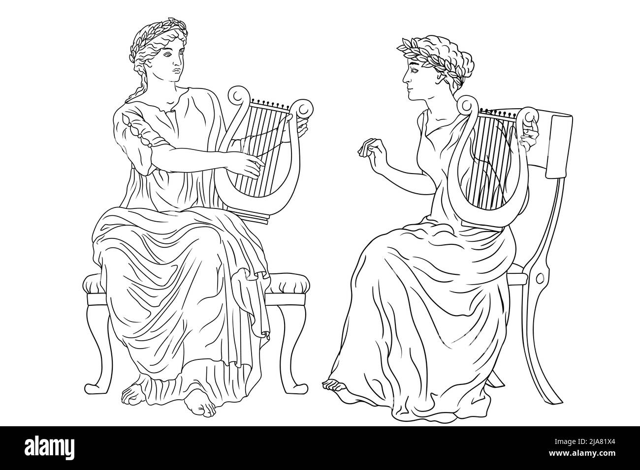 Dos mujeres griegas antiguas con guirnaldas de laurel en la cabeza y