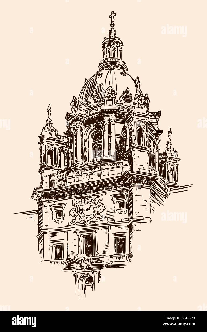 La cúpula de la catedral en el estilo clásico con arcos, estatuas y relojes. Croquis sobre un fondo beige. Ilustración del Vector