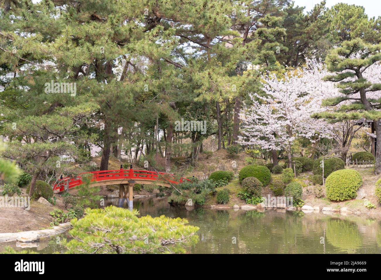 Estanque Takuei-chi en Shukkeien 縮景園, jardín japonés, ciudad de Hiroshima, Honshu occidental, Japón Foto de stock