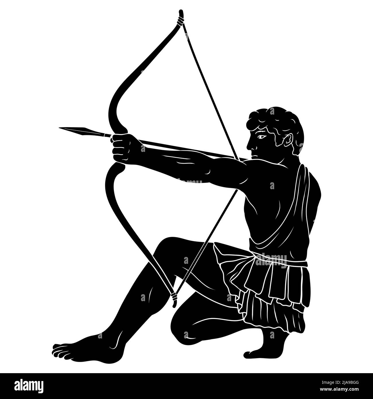 El antiguo héroe griego Hércules dispara desde un arco a un objetivo. Silueta aislada sobre un fondo blanco. Ilustración del Vector