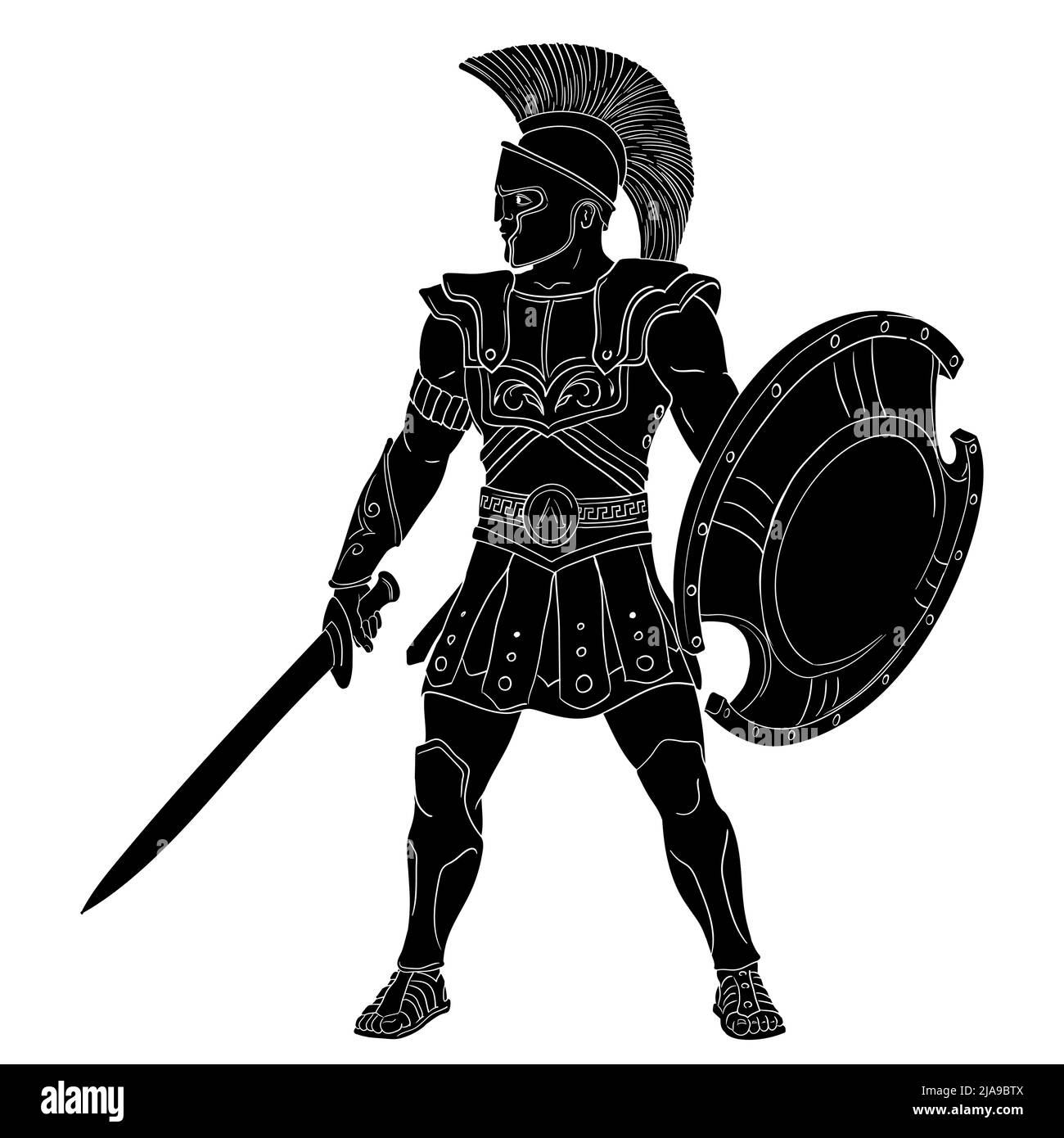 El antiguo guerrero griego con una espada y un escudo en sus manos está listo para atacar. Ilustración vectorial aislada sobre fondo blanco. Ilustración del Vector
