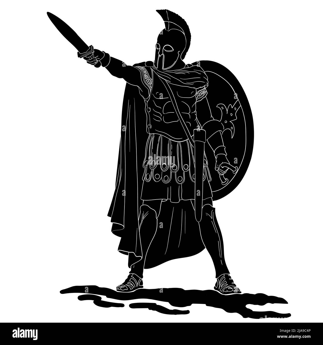 El antiguo guerrero griego con una espada y un escudo en sus manos está listo para atacar. Ilustración vectorial aislada sobre fondo blanco. Ilustración del Vector