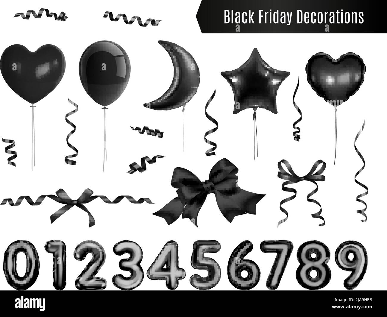 Black friday decoración realista conjunto con globos de helio oscuro  brillante números streamers cintas y arcos sobre fondo blanco aislado  vector illustrr Imagen Vector de stock - Alamy