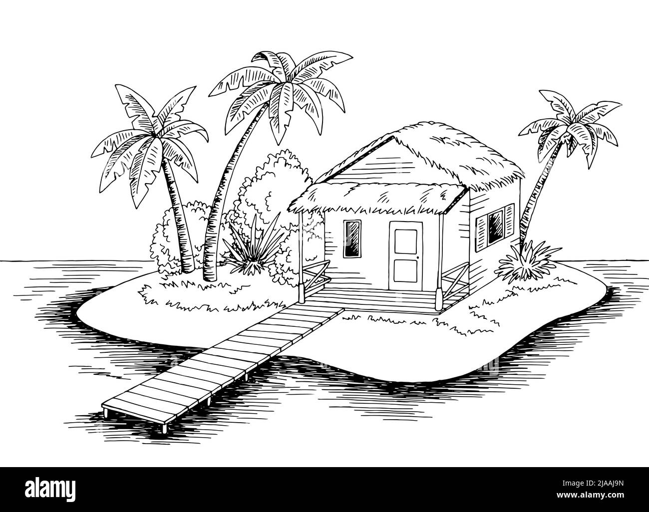 Isla casa playa gráfico negro blanco aislado paisaje ilustración vector Ilustración del Vector