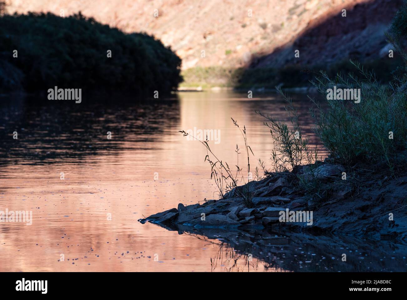 La pared del cañón se refleja en el Green River, Utah. Foto de stock