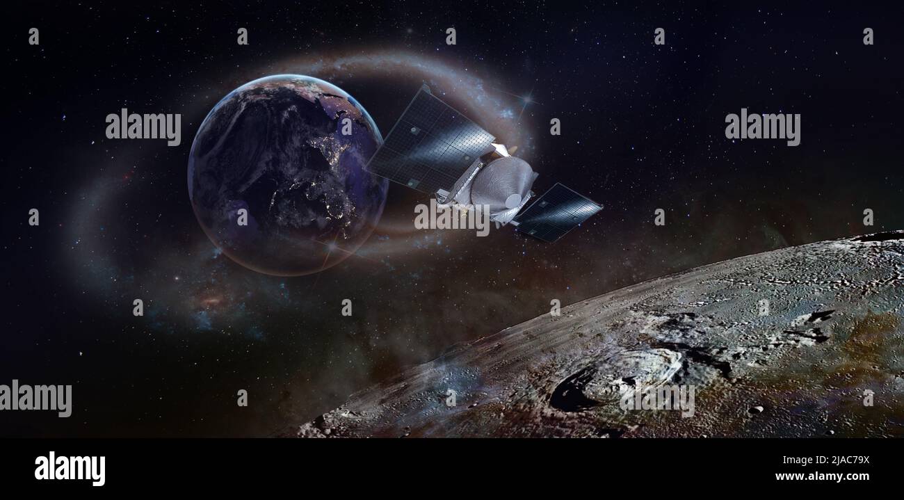 La superficie de la Luna y el planeta Tierra con la nave espacial volando alrededor. Elementos de esta imagen proporcionados por la NASA. Foto de stock