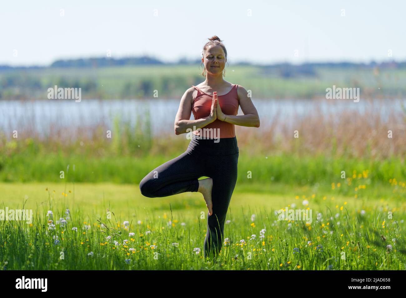 Mujer haciendo pose de árbol junto al lago Wallersee, Salzburgo, Austria Foto de stock