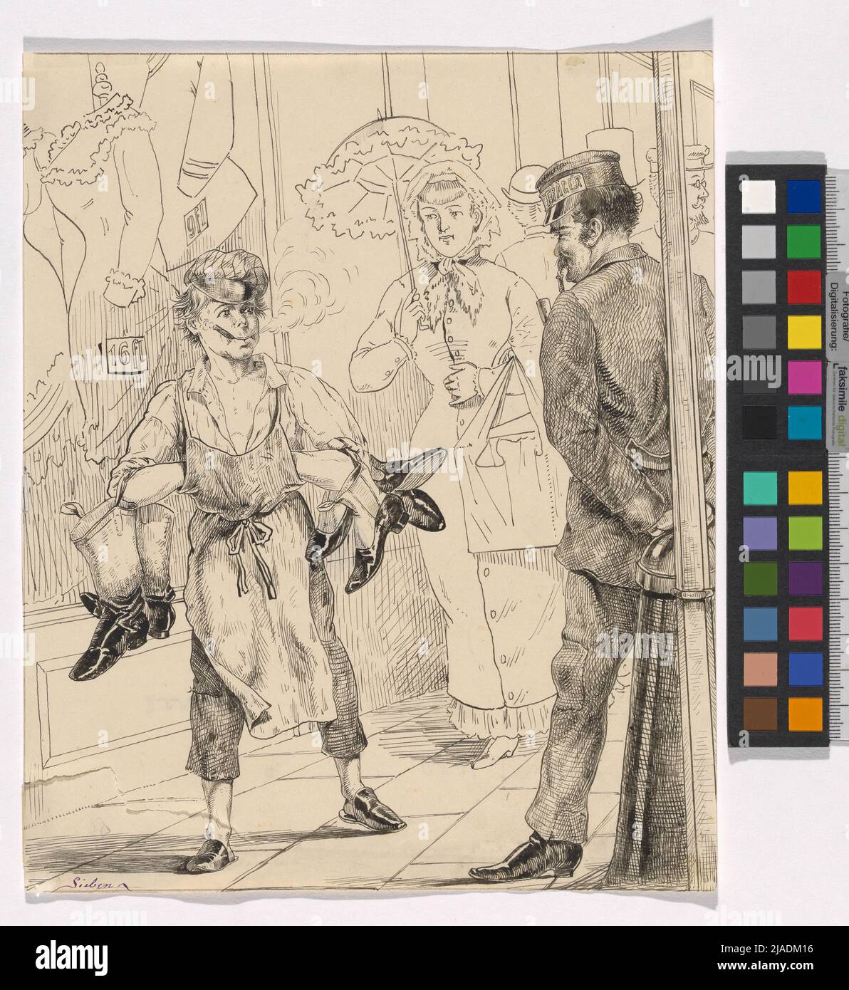 Escena vienesa de la calle con un niño de zapatero y sirviente. Gottfried Sieben (1856-1918), artista Foto de stock