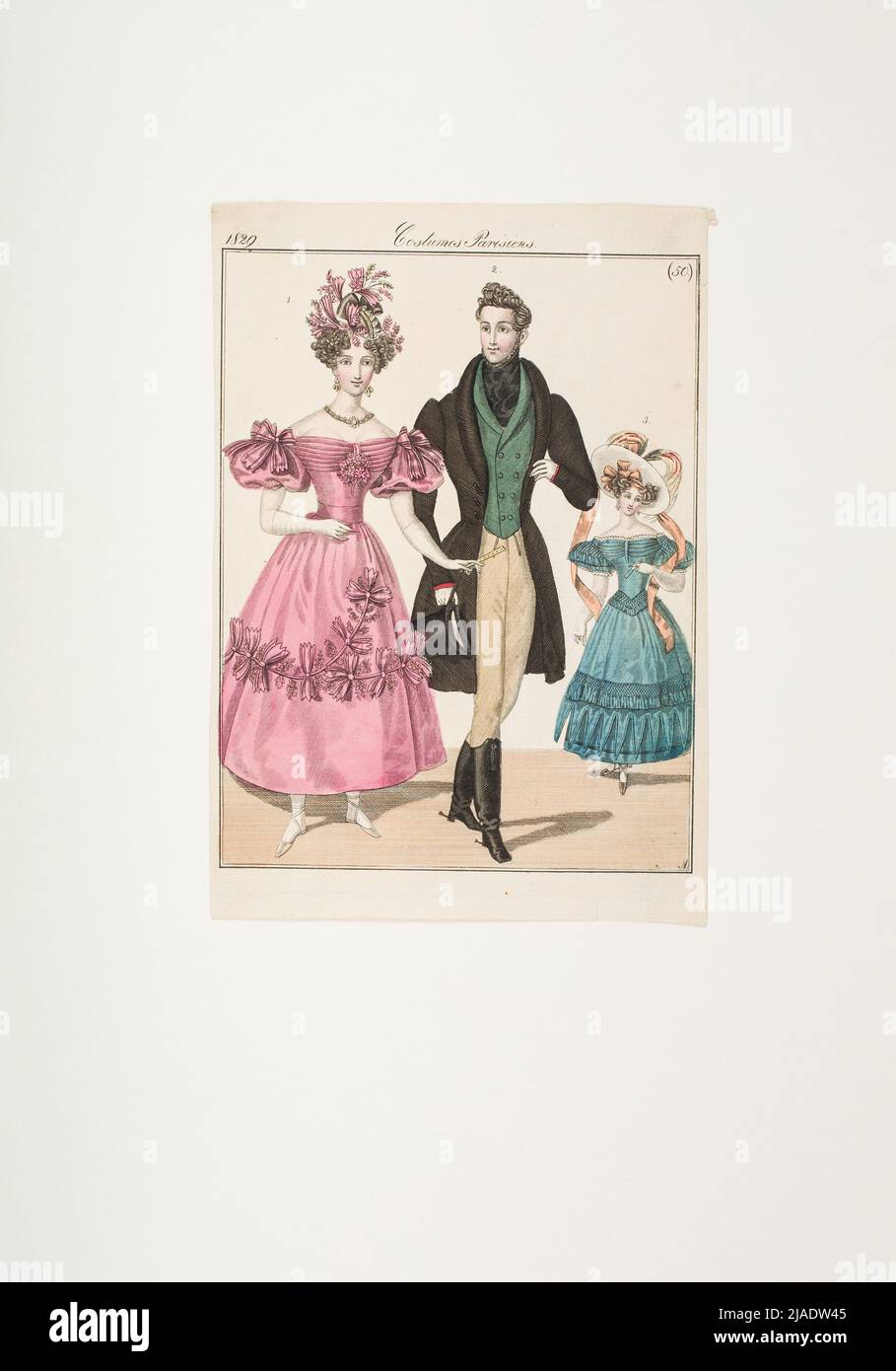 Imagen de moda: 'Parisino con guirnalda de flores en el cabello, parisino en bata de satén, parisino en el traje de montar'. Desconocido Foto de stock