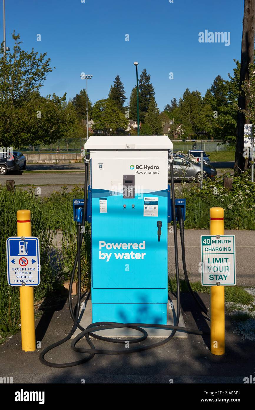 BC Vehículos hidroeléctricos EV estación de carga rápida en Vancouver, British Columbia, Canadá Foto de stock