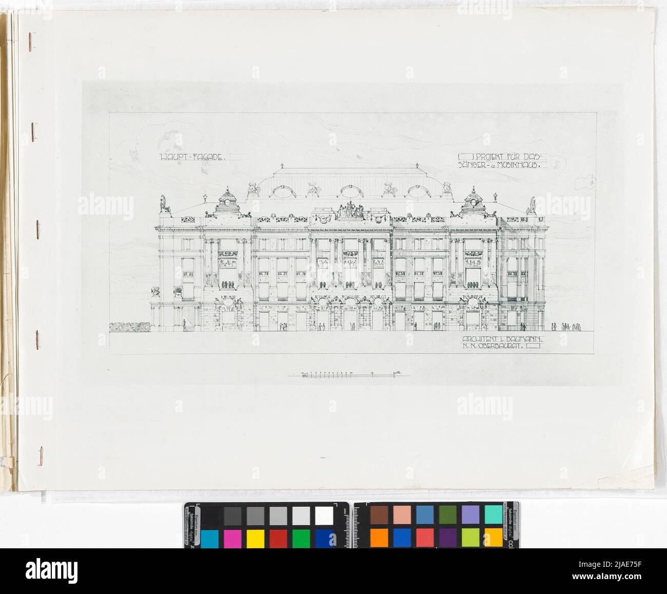 Proyecto de sala de conciertos y cantor, fachada lateral, recurso. Ludwig Baumann (1853-1936), proyecto Foto de stock