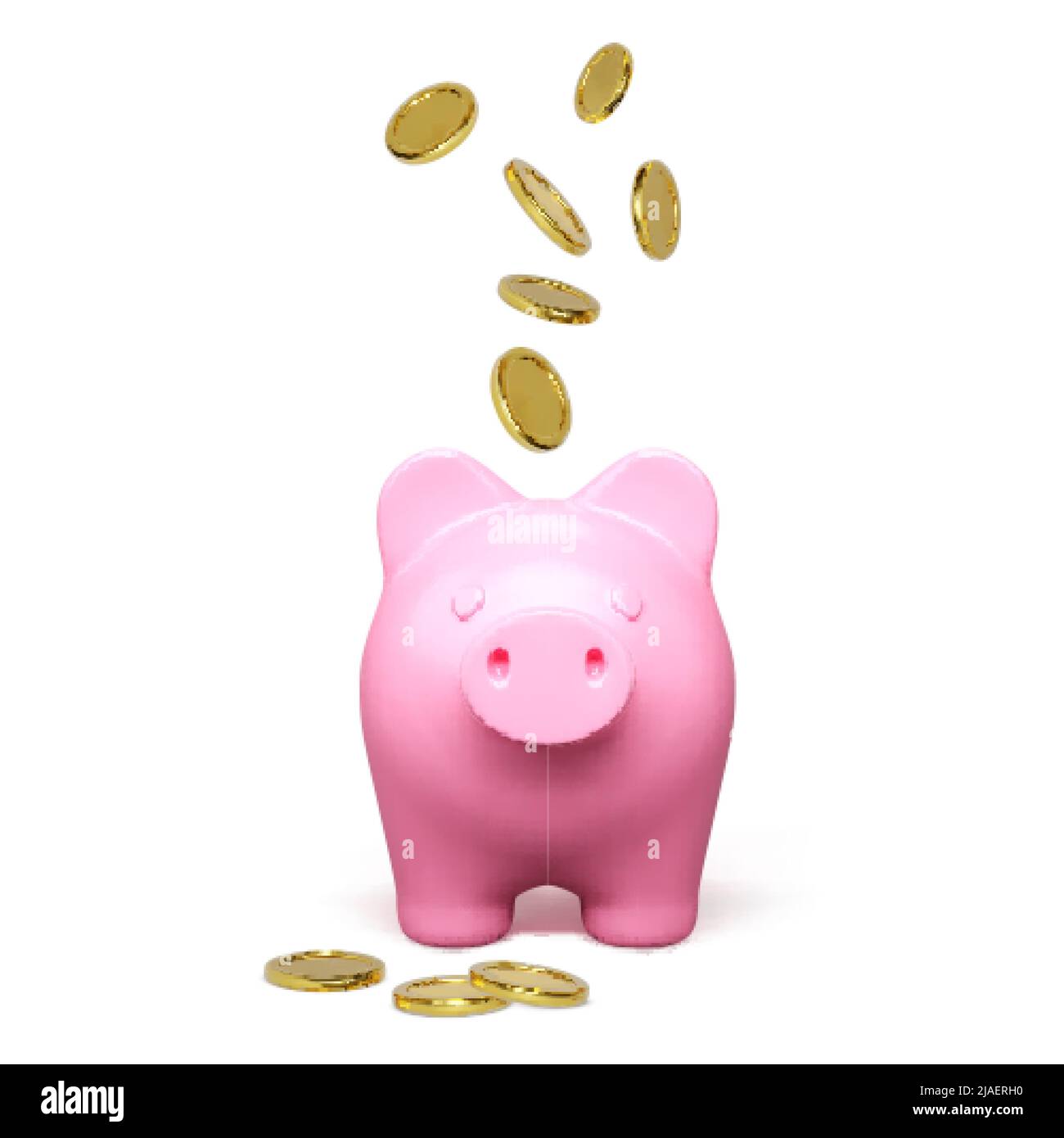 Vista frontal del banco rosa piggy con moneda de oro cayendo. Concepto de ahorro de dinero. 3D Pig bonito realista. Inversión financiera y concepto de negocio. Vector Ill Ilustración del Vector