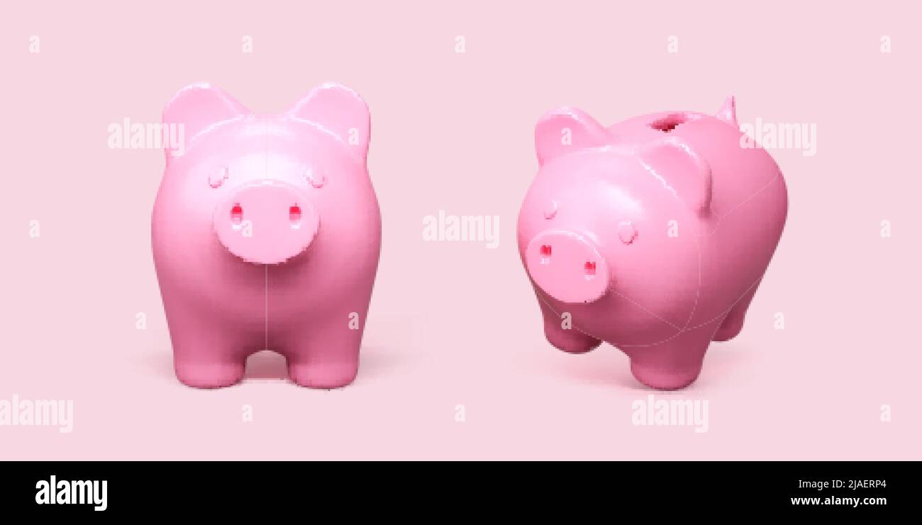 Banco de piggy realista. Cerdo rosa aislado sobre fondo blanco. Concepto de banco piggy de depósito de dinero e inversión. Ilustración vectorial Ilustración del Vector