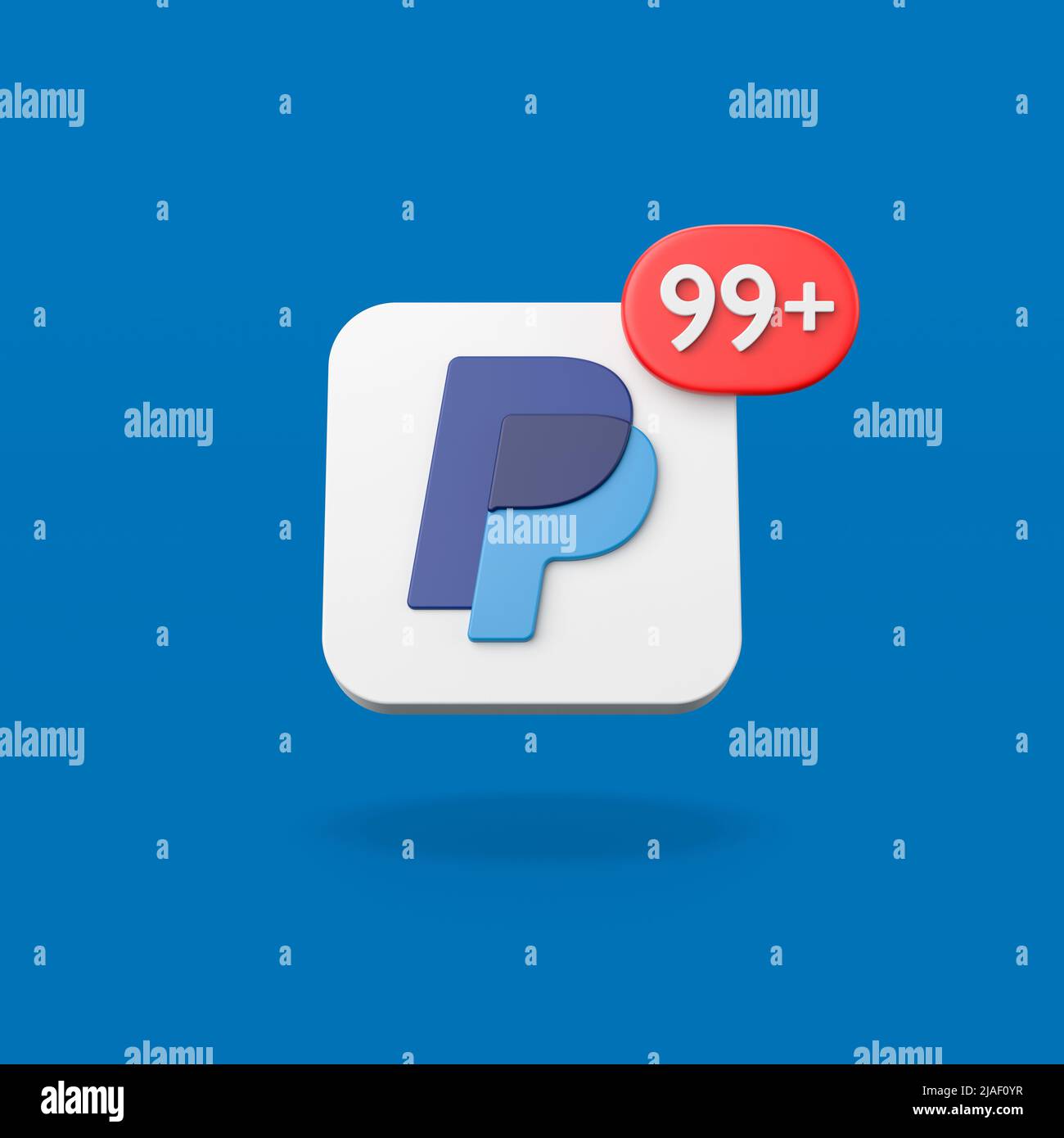 Logotipo de PayPal con notificación de 99 sobre fondo azul Foto de stock