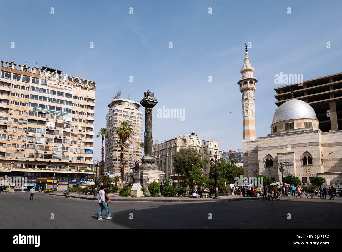 Damasco, Siria - Mayo de 2022: Plaza Pública (Plaza Al Marjeh), escena callejera en el centro de Damasco Foto de stock
