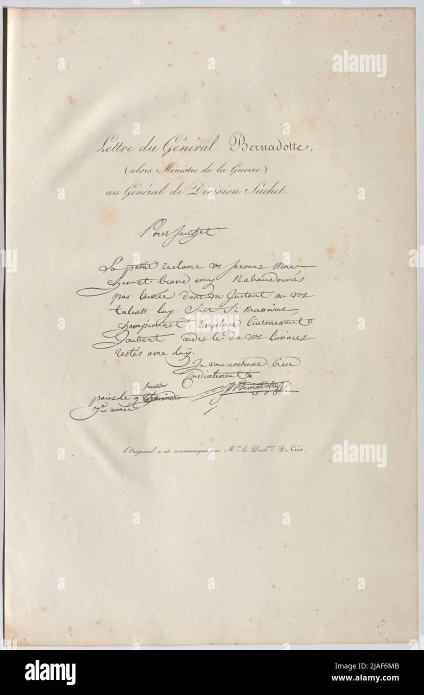 Carta del general Bernadotte (entonces Ministro de Guerra) al general de la División Suchet. '. Breve von General Jean-Baptiste Bernadotte (Damals Kriegsminister) Un General Suchet. Desconocido Foto de stock