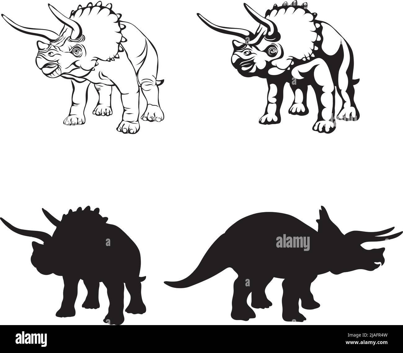 TriceraTop, imagen realista de dinosaurio, vector, posiciones, ilustración, blanco y negro, silueta, logotipo, marca registrada, galón para decoración y diseño Ilustración del Vector
