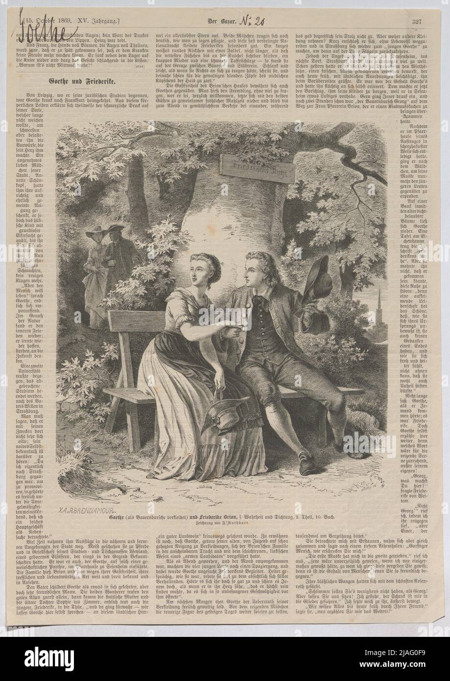 Goethe (disfrazado de agricultor) y Friederike Brion, véase la verdad y la poesía, 2nd parte, libro. ' 1915), xylographer Foto de stock