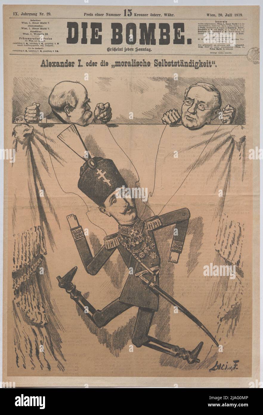 Alejandro I o la 'independencia oral'. '.' Alejandro I., Príncipe de Bulgaria como marioneta, Príncipe Gortschakow y Bismarck como titiritero (página de título de 'Die Bomb'). László frecskay (1844-1916), caricaturista Foto de stock