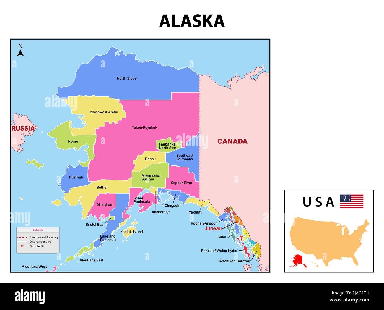 Mapa de Alaska. Mapa del estado y del distrito de Alaska. Mapa  administrativo y político de Alaska con países vecinos y fronteras Imagen  Vector de stock - Alamy