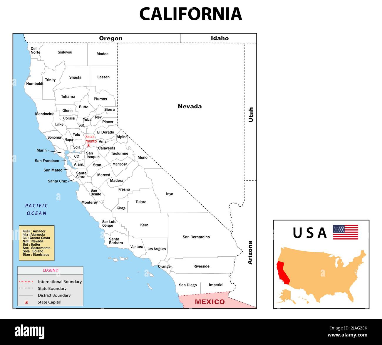 Mapa de California. Mapa del estado y del distrito de California. Mapa administrativo y político