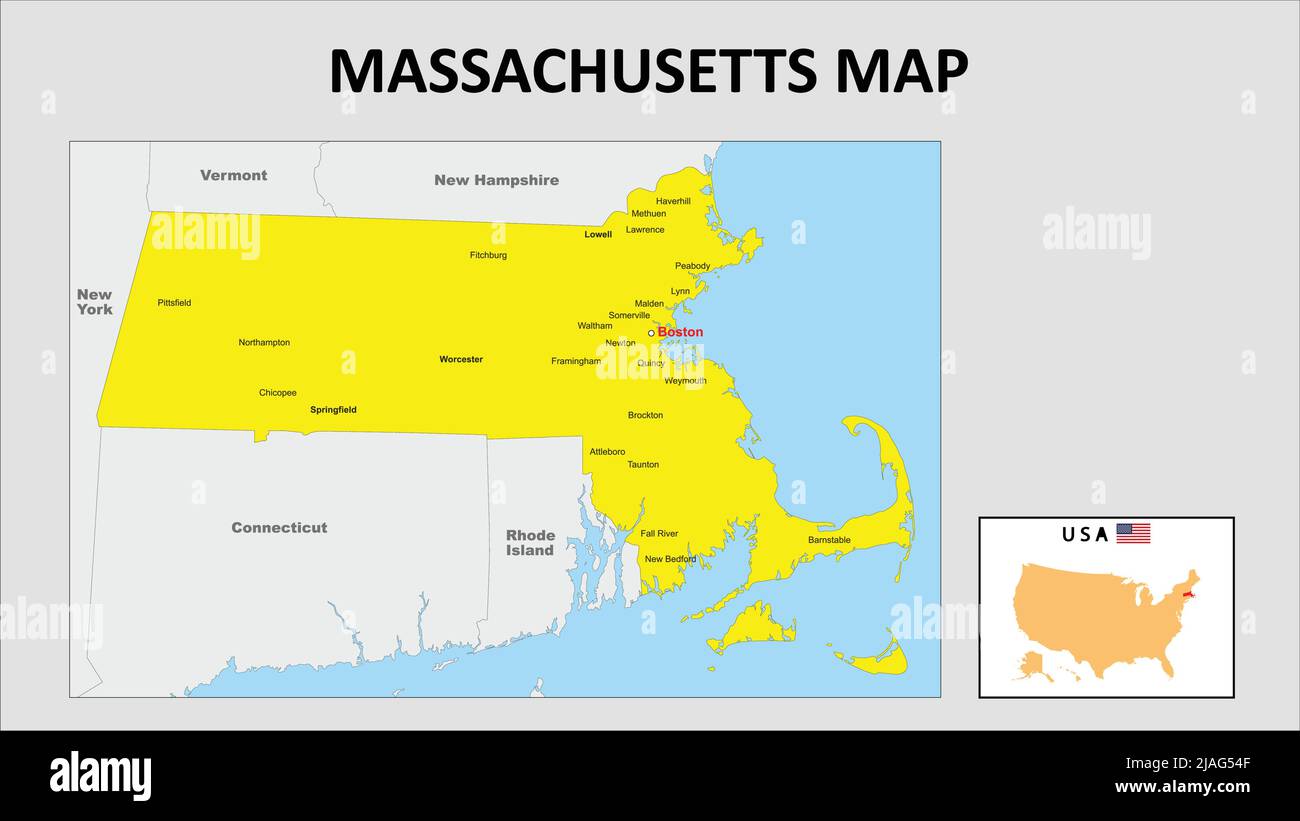Mapa de Massachusetts. Mapa del estado y del distrito de Massachusetts. Ilustración del Vector