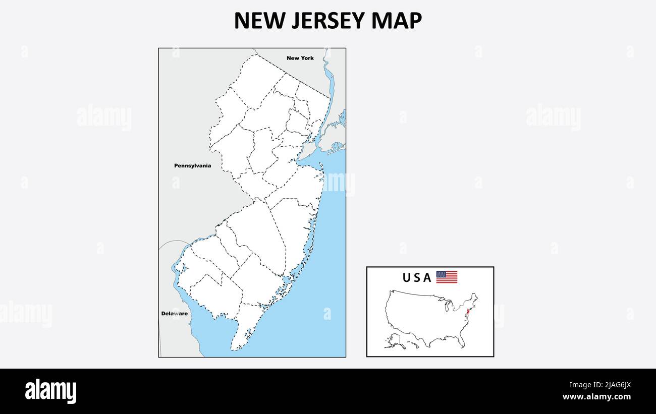Mapa de Nueva Jersey. Mapa político de Nueva Jersey con límites en el contorno. Ilustración del Vector