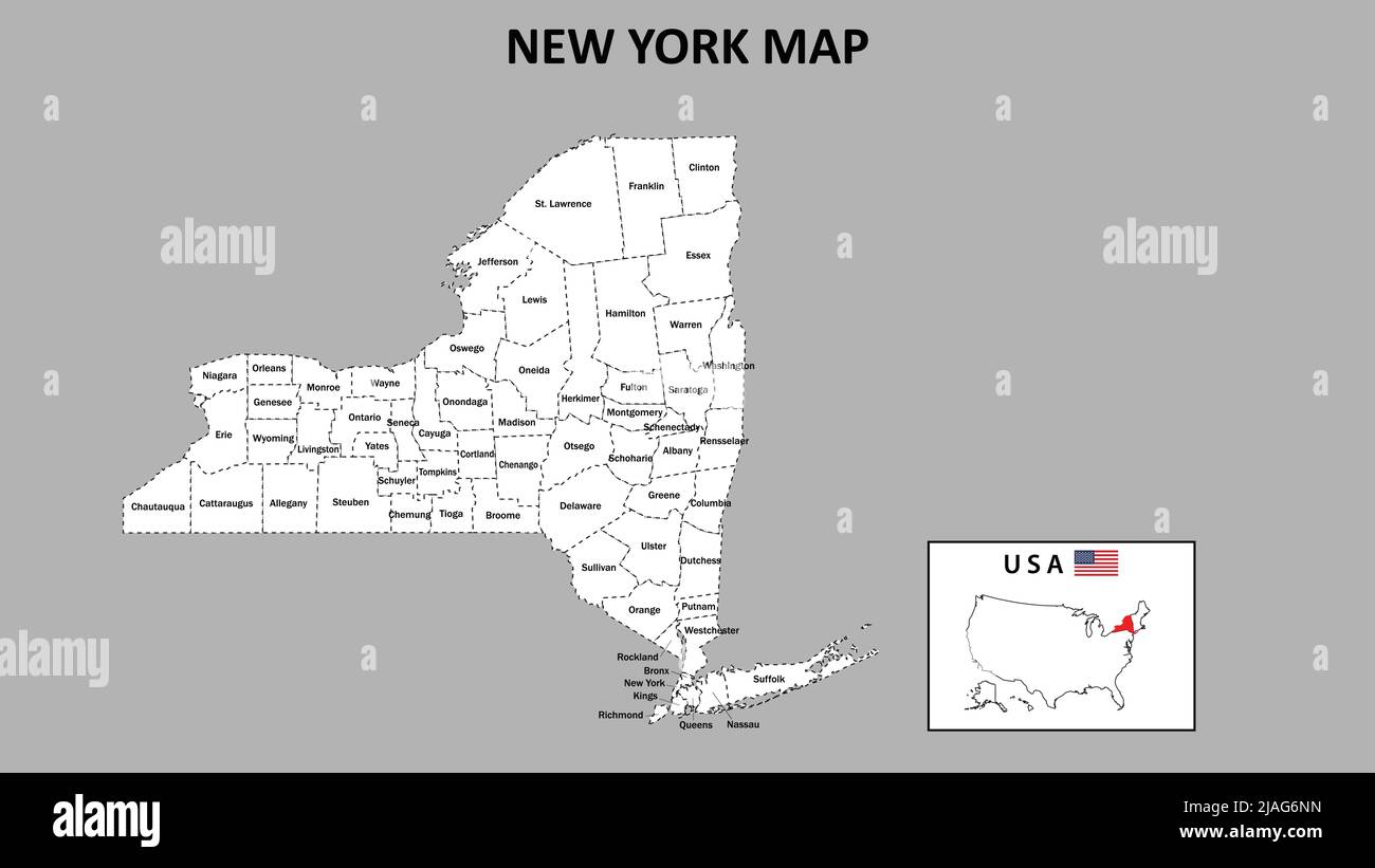 Mapa de Nueva York. Mapa del estado y del distrito de Nueva York. Mapa administrativo de Nueva York con el distrito y la capital en color blanco. Ilustración del Vector