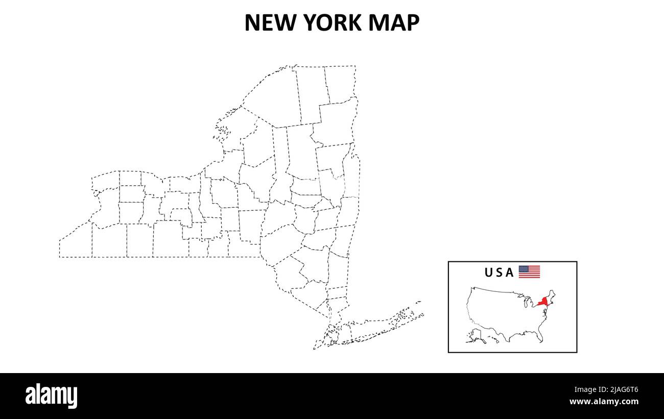 Mapa de Nueva York. Mapa del estado y del distrito de Nueva York. Mapa político de Nueva York con contorno y diseño en blanco y negro. Ilustración del Vector