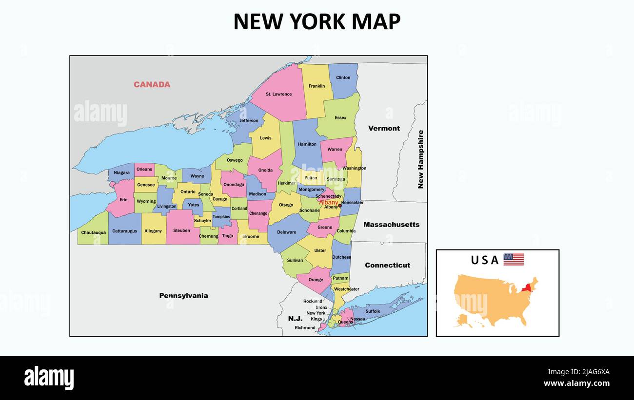 Mapa de Nueva York. Mapa del estado y del distrito de Nueva York. Mapa político de Nueva York con países vecinos y fronteras. Ilustración del Vector