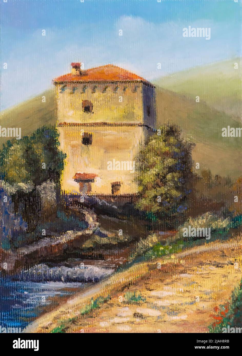 Antigua casa torre en un paisaje rural. Pintura original sobre lienzo. Foto de stock