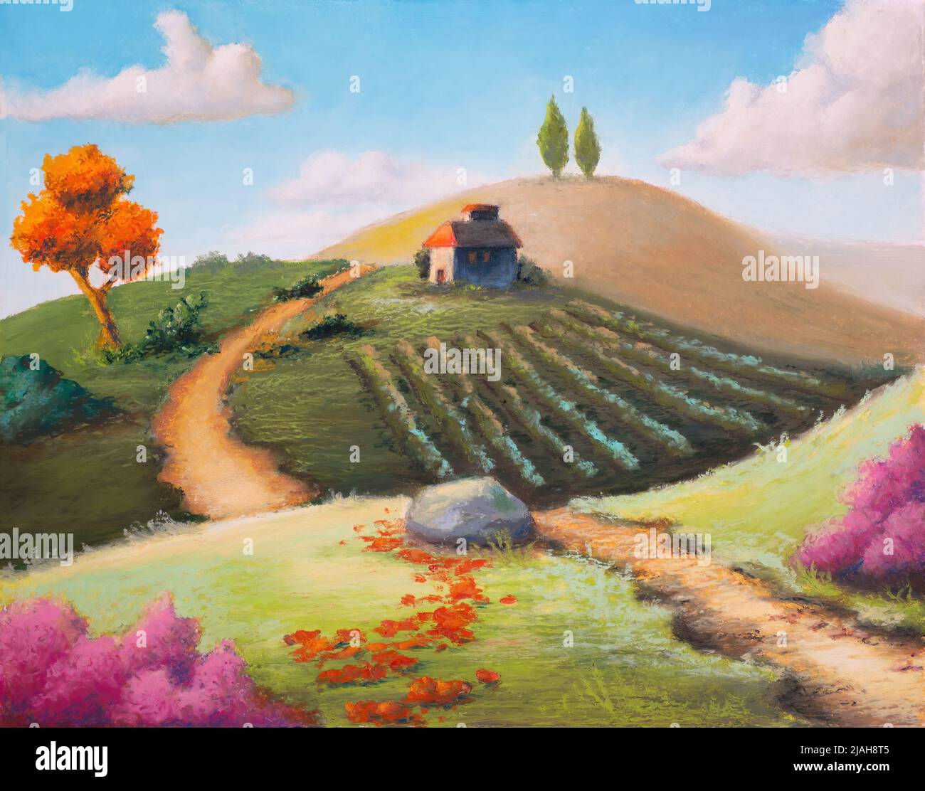 Paisaje rural imaginario con una vegetación colorida. Ilustración original en color pastel. Foto de stock