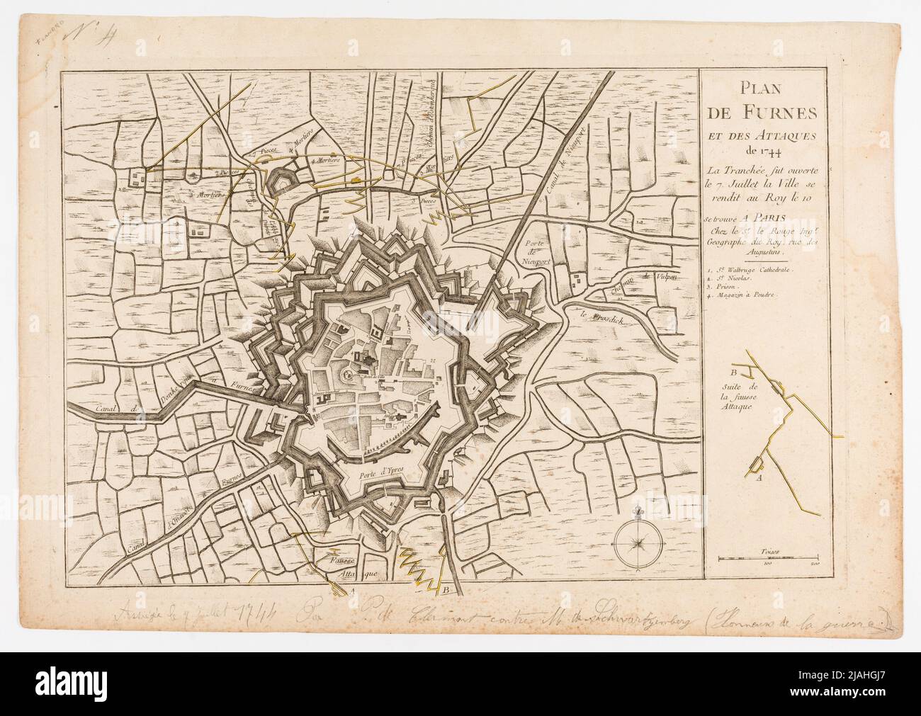 'Plan/de Furnes/and Attacks/of 1744/La Trancheé fue abierta/the 7. Juliett la ciudad se fue al Roy ...'. Angriffs plan Auf Furnes (Veurne, Westflanden) am 7. Julio 1744. Desconocido Foto de stock