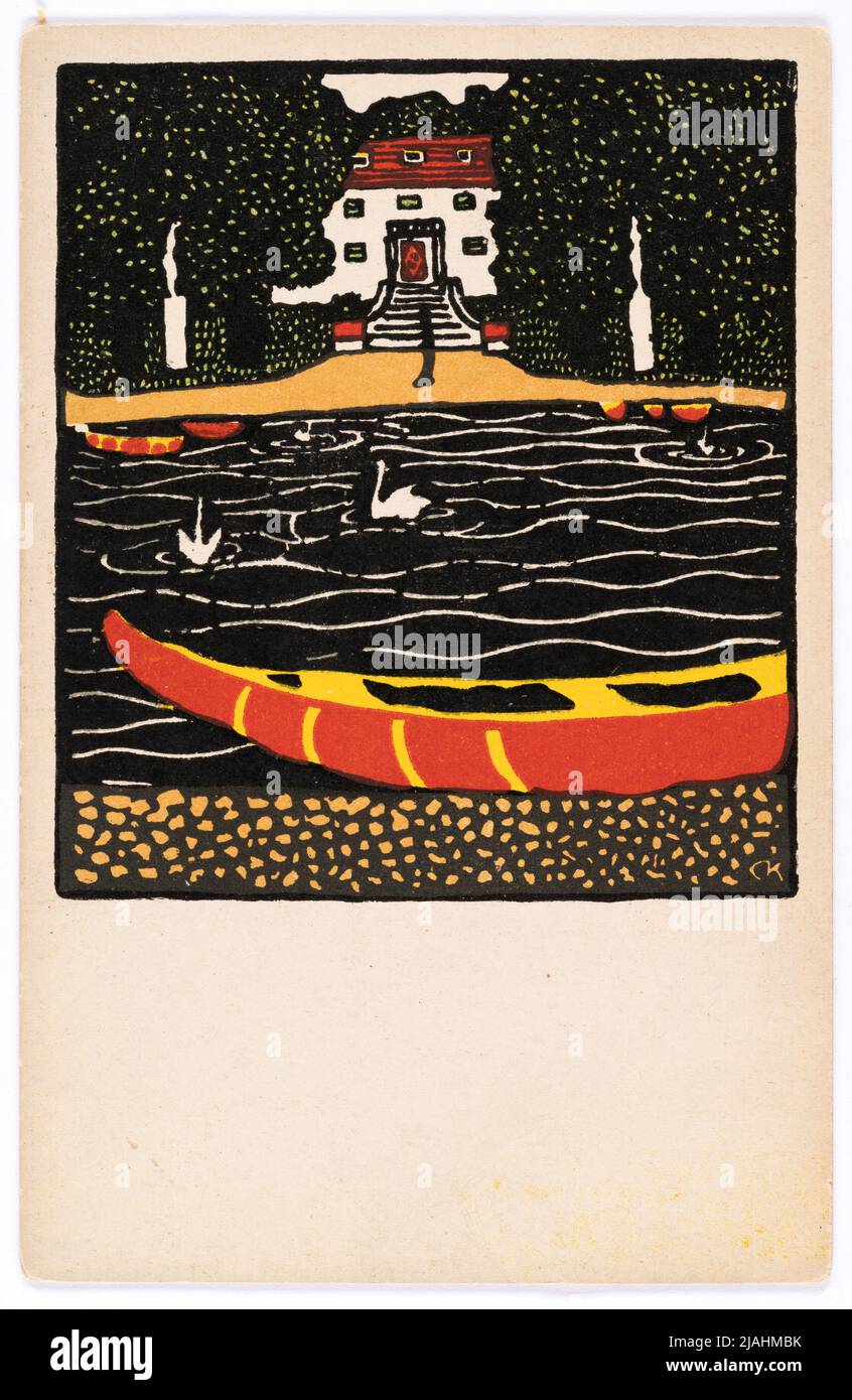 Postal del Wiener Werkstätte Nº 253: estanque con barco y cisnes. Carl Krenek (1880-1948), Artista, Wiener Werkstätte, Editorial Foto de stock