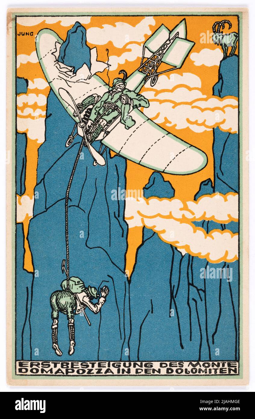 Postal de Wiener Werkstätte N º 343: Primer ascenso de Monte Domapozza en los Dolomitas. Moriz Jung (1885-1915), Artista, Wiener Werkstätte, Editorial Foto de stock