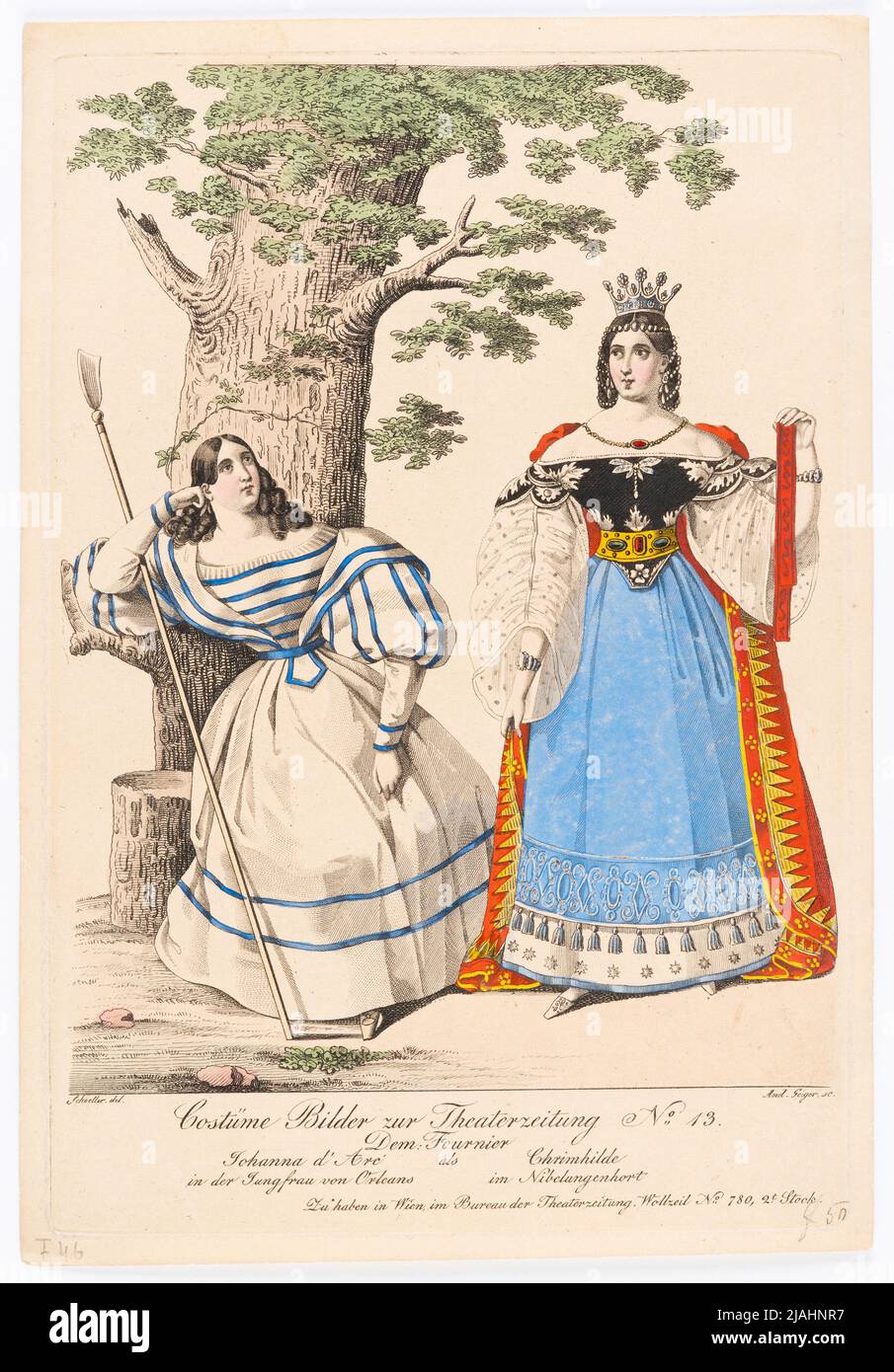 'El. Fournier como Johanna d'Arc en la virgen de Orleans / El. Fournier como Chrimhilde en el Nibelungenhort' (imagen de vestuario Nº 13 para el periódico teatral). Andreas Geiger (1765-1856), Grabador de cobre, después de: Johann Christian Schoeller (1782-1851), artista Foto de stock