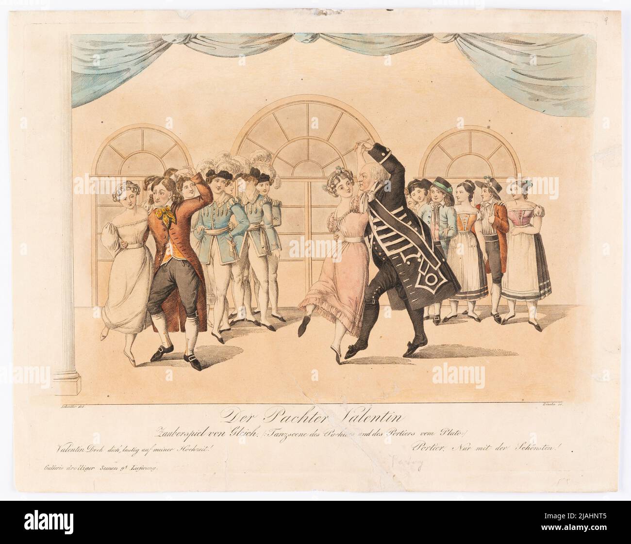 'The Lease Valentin' de Gallerie Drolliger Scenen al periódico teatral, 1st año, Nº 9). Johann Wenzel Zinke (1782-1851), grabador de cobre, después de: Johann Christian Schoeller (1782-1851), artista Foto de stock