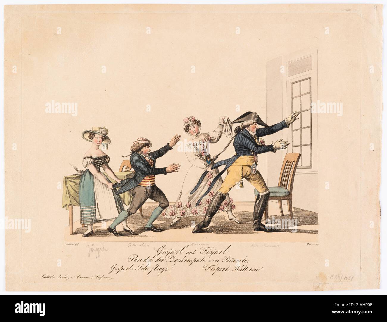 'Gisperl y Fisperl'. Parodia de los juegos mágicos de Bäuerle (Gallerie Drollerie Scenen para el periódico teatral, 1st año, Nº 1). Johann Wenzel Zinke (1782-1851), grabador de cobre, después de: Johann Christian Schoeller (1782-1851), artista Foto de stock